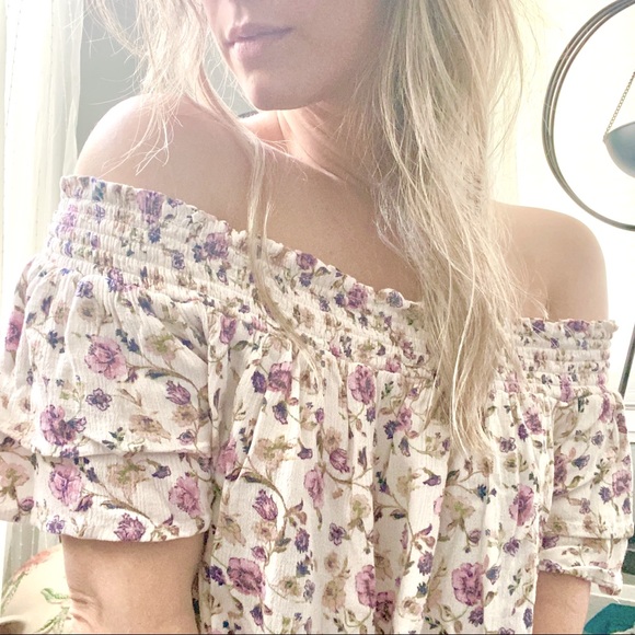 REWIND Cream Pink Purple Floral Off Shoulder Prairie Hippie Boho Top - Picture 2 of 9